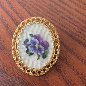 Vintage Floral Brooch with Gold Frame Needlework